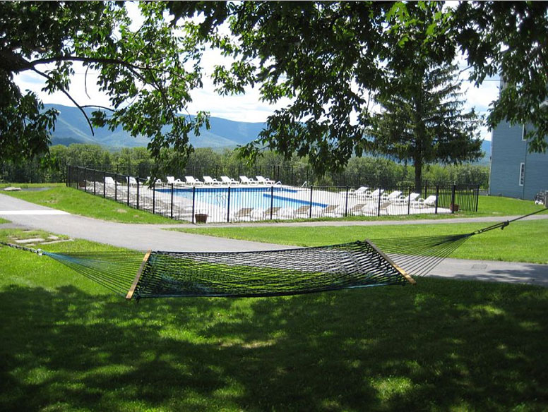 A hammock in a grassy area near a swimming pool.