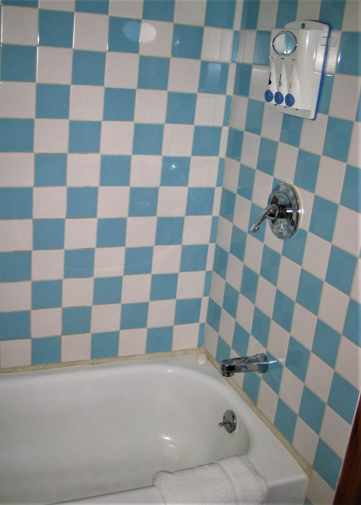 A blue and white tiled bathroom.