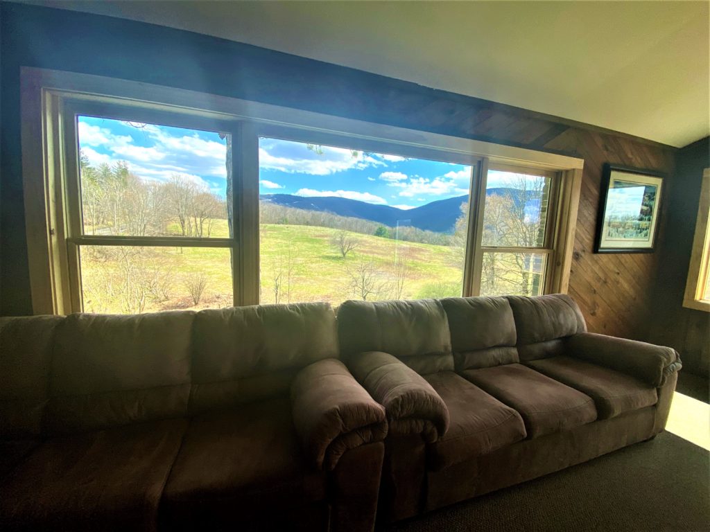 A living room with couches and a view of the mountains.