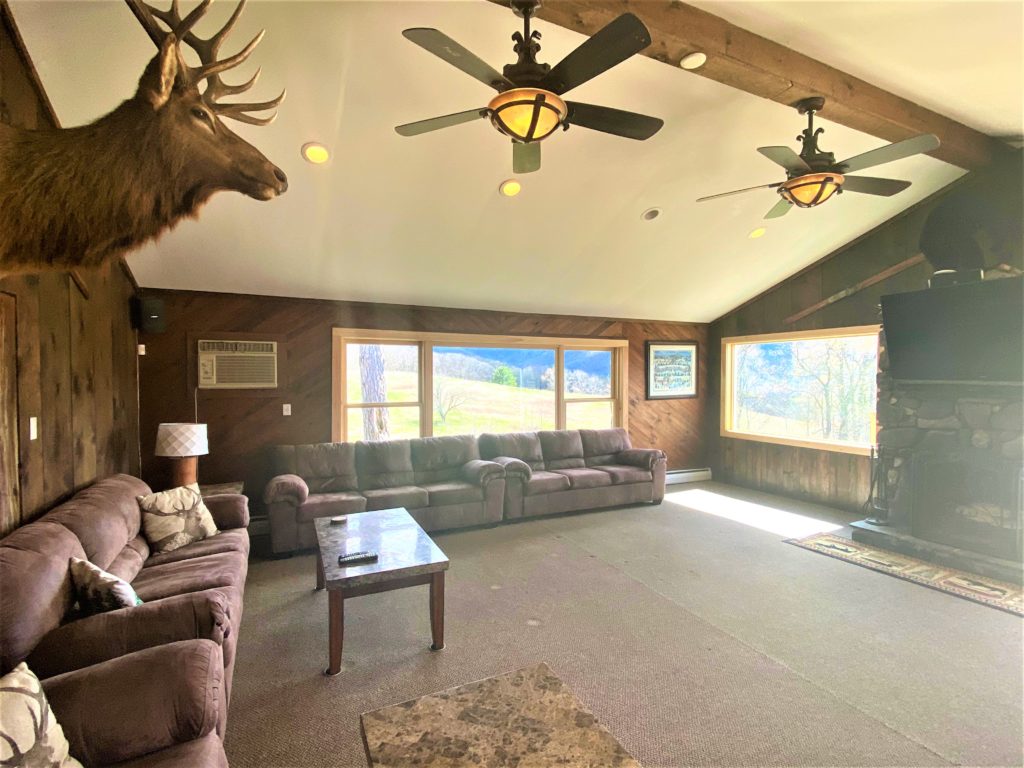 A living room with an elk head on the wall.
